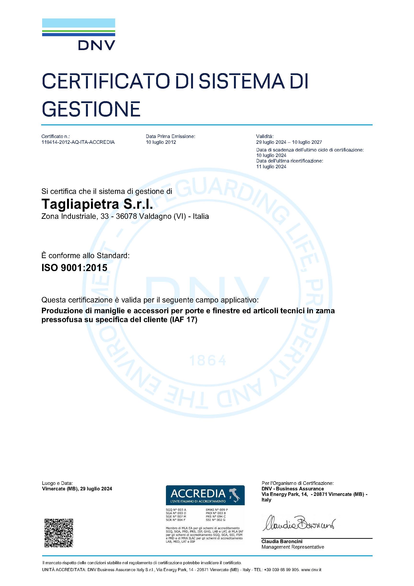 certificazione iso 9001 Tagliapietra